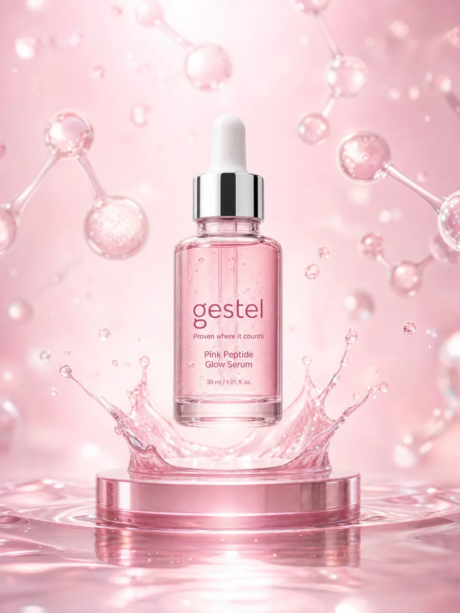 Pink peptide glow serum on a splash podium