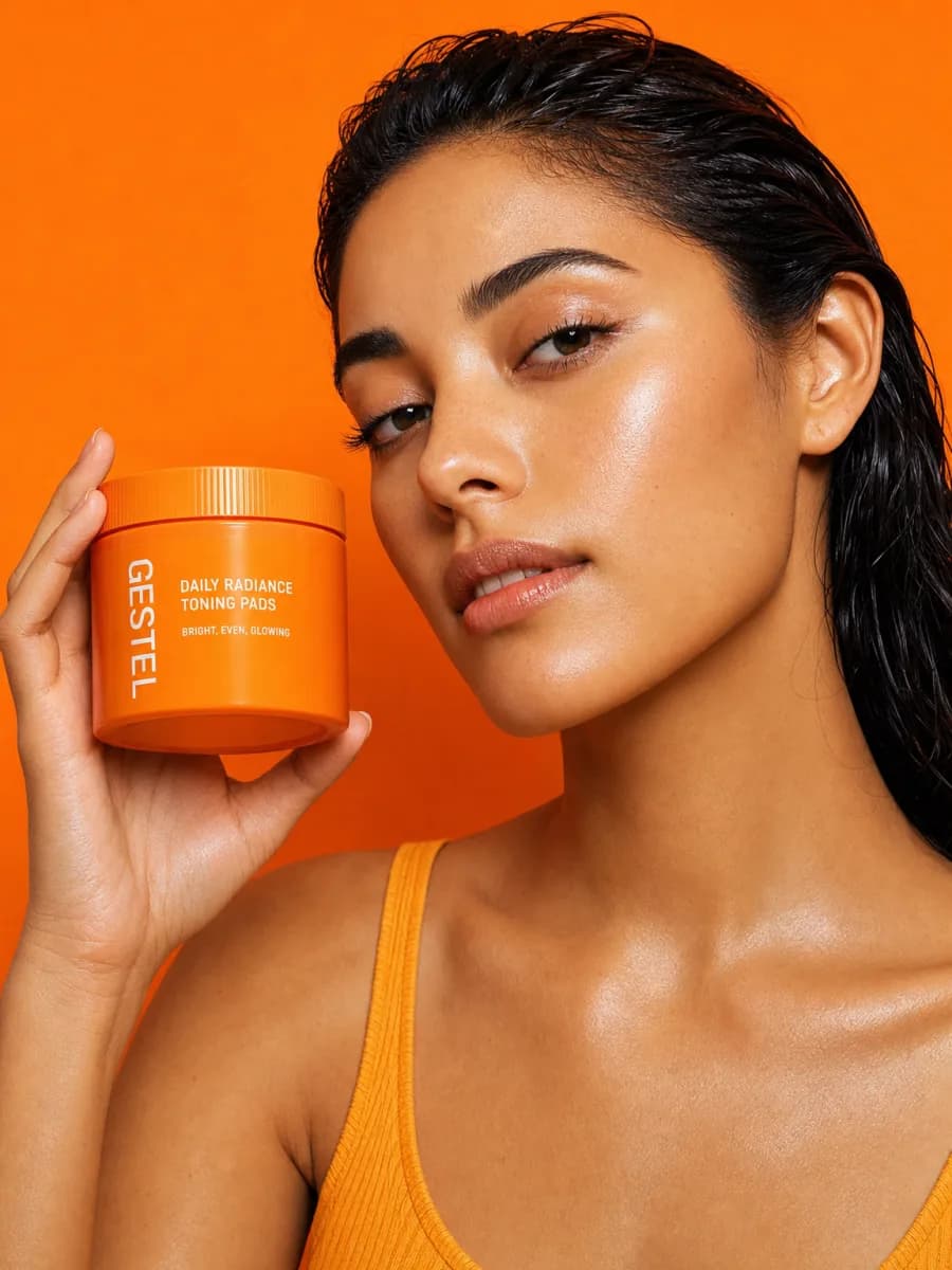 Serum held to camera on a vibrant orange set