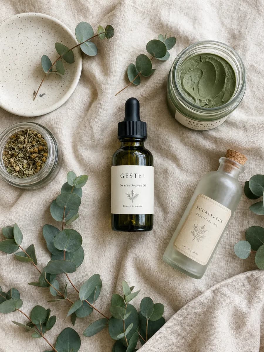 Botanical apothecary flat-lay on linen
