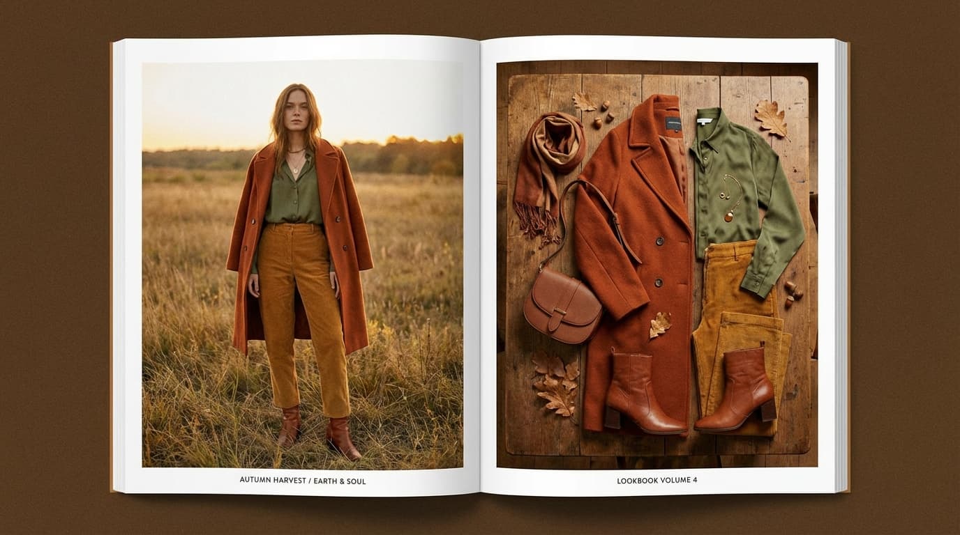 AI-generated fashion lookbook pages showing consistent model and styling