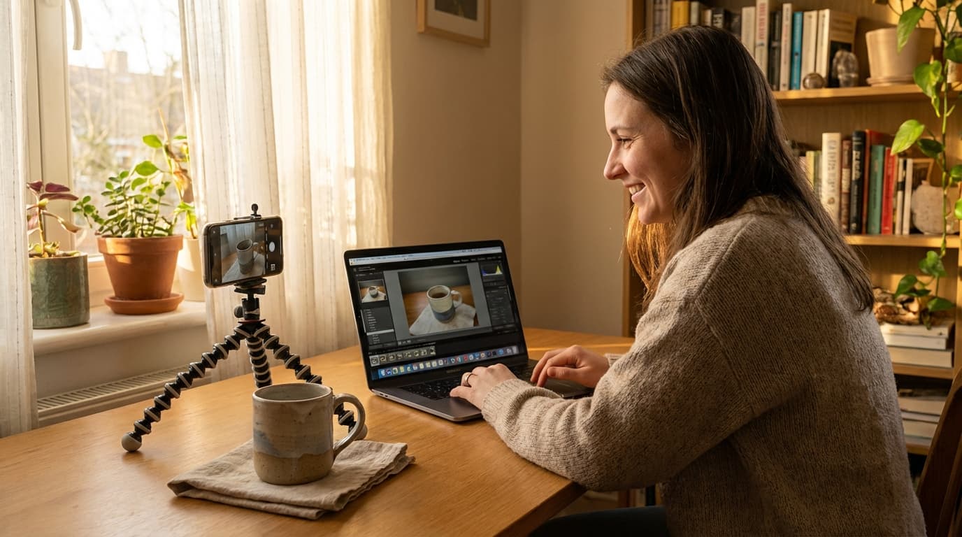 Small business owner creating AI product photos on a budget