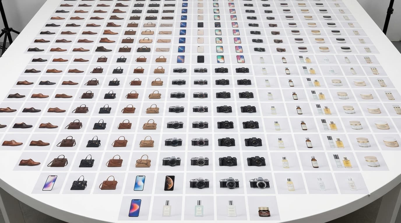 Grid of AI-generated product photos showing batch processing at scale