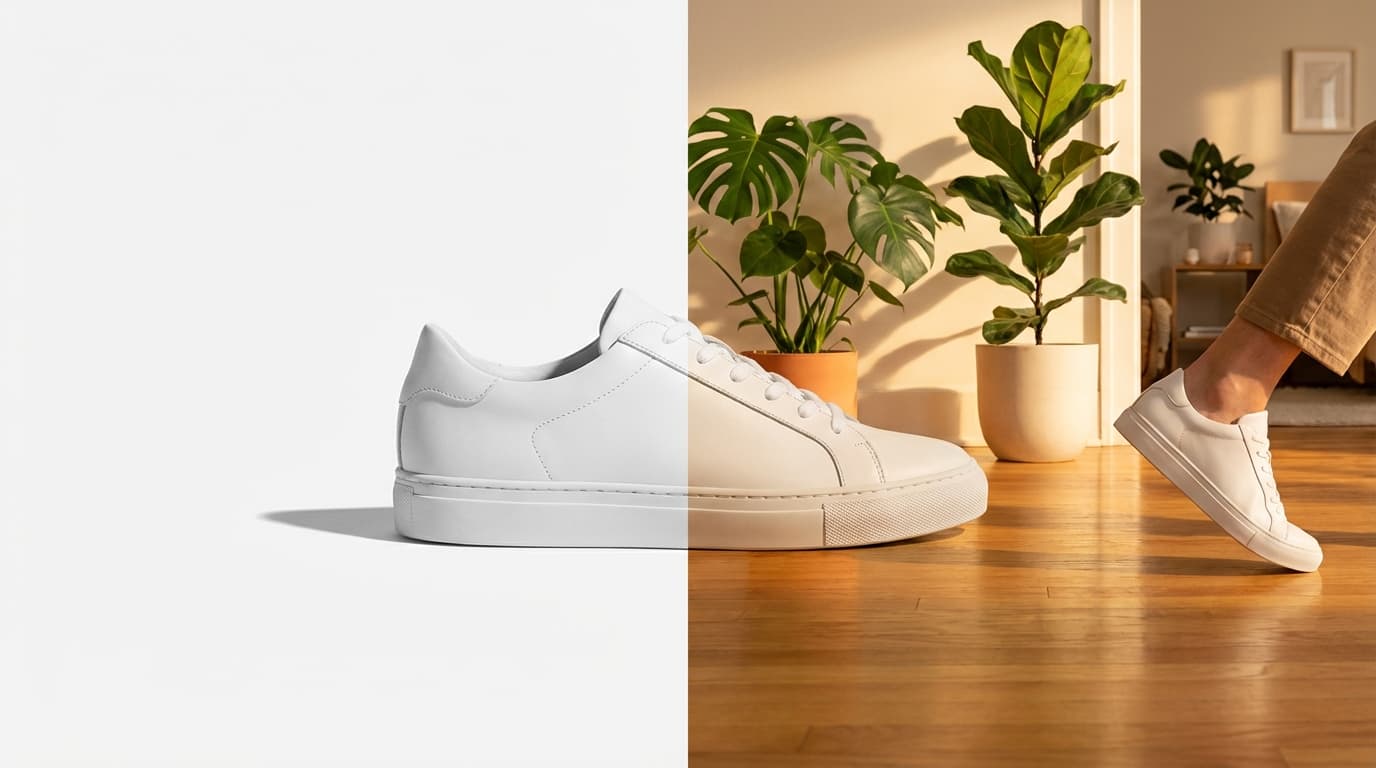 Product photo transformation from white background to lifestyle scene