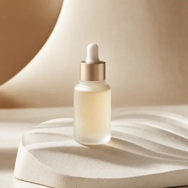 A serum bottle on a sculpted cream surface