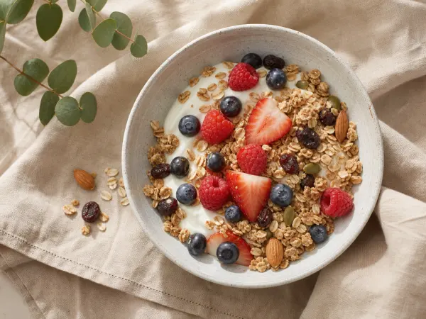 A granola bowl with berries on a linen table